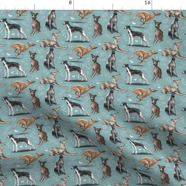 Dog Fabric - The Whippet By Elspethrosedesign - Blue Greyhound Dog Breed Puppy Kennel Pound Show Cotton Fabric By The Yard With Spoonflower