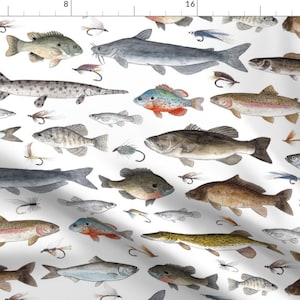Könnte beinhalten: Aquarellillustration verschiedener Fischarten, darunter Forellen und Barsche, mit Angelködern auf weißem Hintergrund. Die Fische sind in Grau-, Braun- und Blautönen dargestellt.