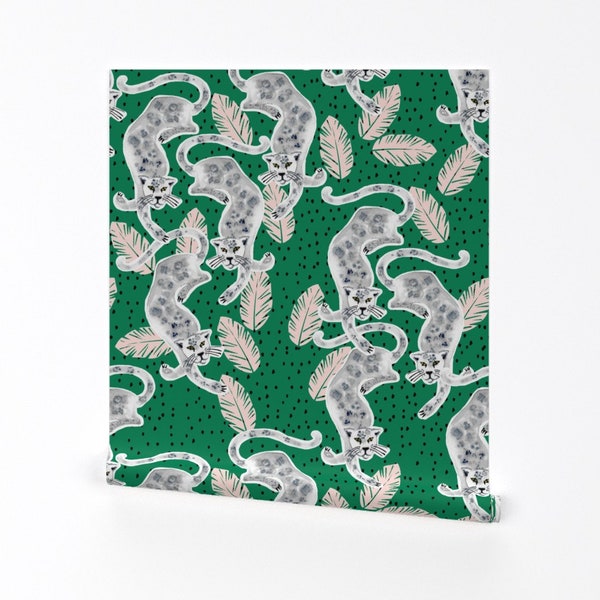 Jaguars On Green Wallpaper - Tropical Jaguar By Nouveau Bohemian - Custom Printed Removable Self Adhesive Wallpaper Roll by Spoonflower