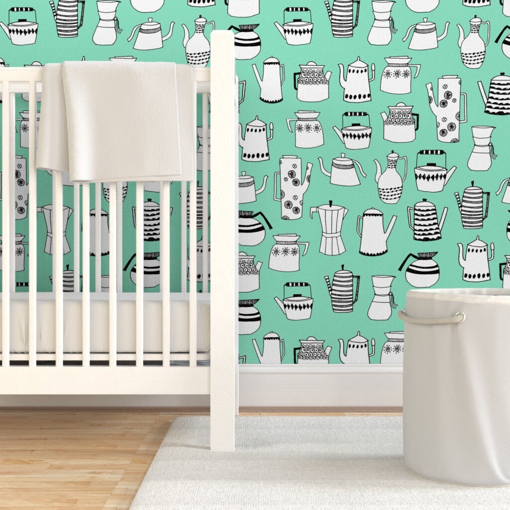 Teapot Wallpaper Coffee and Teapots Vintage Mint by Andrea | Etsy