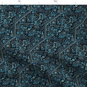 Può includere: Uno schema senza cuciture di un design di circuito stampato blu e bianco su sfondo nero.