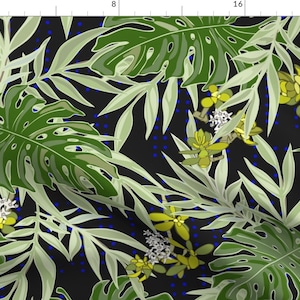 Tropical Leaves Fabric - Yves Jardin Night Tropical Oasis Paradise By Fernlesliestudio - Bohemian Cotton Fabric By The Yard With Spoonflower