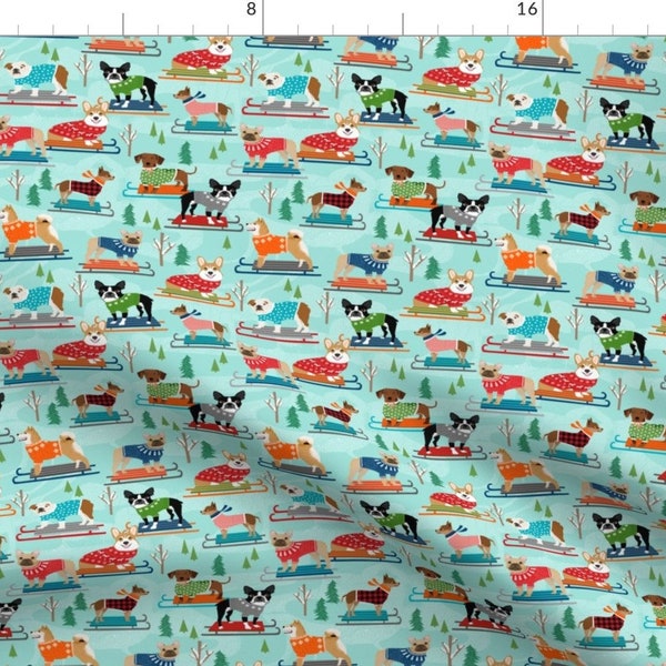 Sledding Dogs Fabric - Snow Day Dogs Winter Sledding Dogs By Petfriendly - Dog Sledding Aqua Cotton Fabric By The Yard With Spoonflower