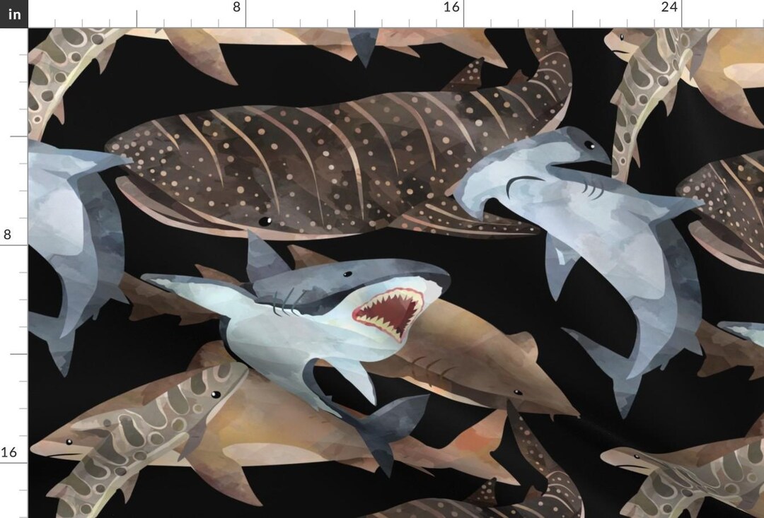 Shark Material Painted Sharks Fabric - Shark Waters (large) by Floramoon - Sharks ...