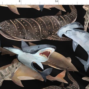 Painted Sharks Fabric - Shark Waters (Large) By Floramoon - Sharks Nautical Oceans Fish Cotton Fabric By The Yard With Spoonflower