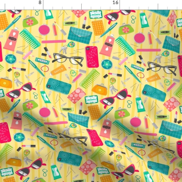 Purse Fabric - Bag O' Stuff On Yellow By Creativetaylor - Purse Glasses Phone Lipstick Key Yellow Cotton Fabric By The Yard With Spoonflower