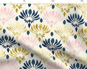 May include: A seamless pattern featuring stylised floral designs in shades of gold, pink, and navy blue on a cream background.