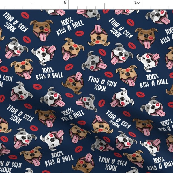 Kiss A Bull Blue Fabric - 100 Kiss A Bull - Cute Pit Bull Dog Fabric - Lips - Love Valentines - Red And Blue - Lad19 By Littlearrowdesign