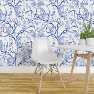 Botanical Toile Peel and Stick Wallpaper - Chinoiserie Pagoda - Removable Wall Decor Art - Chinoiserie Tiger Blossom by pattern_garden