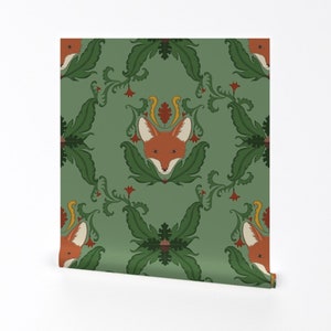 Fox Wallpaper - Majestic Fox Damask By Bella Modiste - Fox Green Orange Custom Printed Removable Self Adhesive Wallpaper Roll by Spoonflower