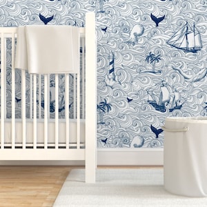 Nautical Wallpaper - Vintage Nautical Journey By Whimsical Brush - Blue White Ocean Removable Self Adhesive Wallpaper Roll by Spoonflower