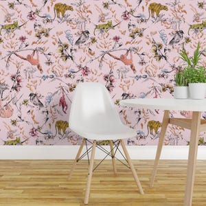 Monkey Wallpaper - Jungle Chinoise By Pattern State - Animal Pink Toile Maximalist Removable Self Adhesive Wallpaper Roll by Spoonflower
