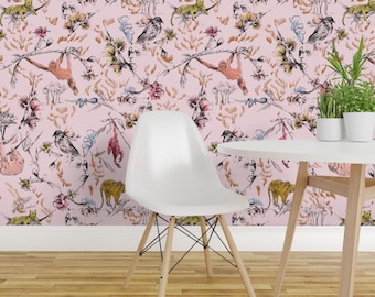 Monkey Wallpaper - Jungle Chinoise By Pattern State - Animal Pink Toile Maximalist Removable Self Adhesive Wallpaper Roll by Spoonflower