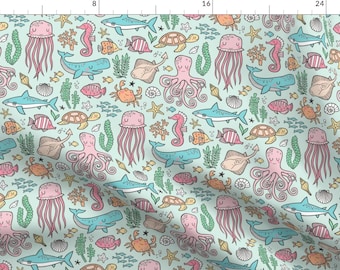 Ocean Fabric - Nautical Pastel Marine Sea Life Shark Whale Octopus Jellyfish Sea Turtle Mint Green By Caja Design - Fabric with Spoonflower