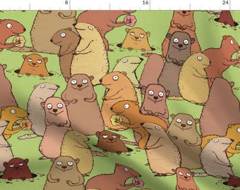 May include: A whimsical pattern featuring a repeating design of cartoon groundhogs in various shades of brown, tan, and yellow. The groundhogs are depicted on a light green background, some emerging from burrows. The overall theme is playful and nature-inspired.