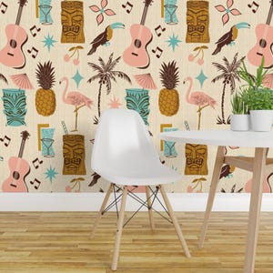 Party Peel and Stick Wallpaper - Pink Brown Blue Beige Ukelele Tiki - Removable Wall Decor Art - Tiki Time Medium Scale by ruby_ritz