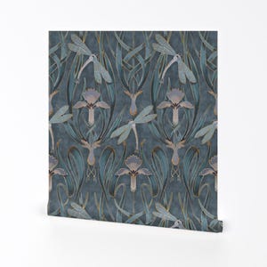 Art Nouveau Removable Peel and Stick Wallpaper - Deco Gray Blue Nature Floral - Wall Art Wall Decor - Dragonflies On Twilight by taranealart