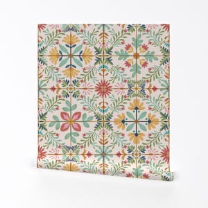 Botanical Tiles Removable Peel and Stick Wallpaper - Vintage Watercolor Colorful - Wall Art Wall Decor - Nostalgic Vintage Tile by garabateo