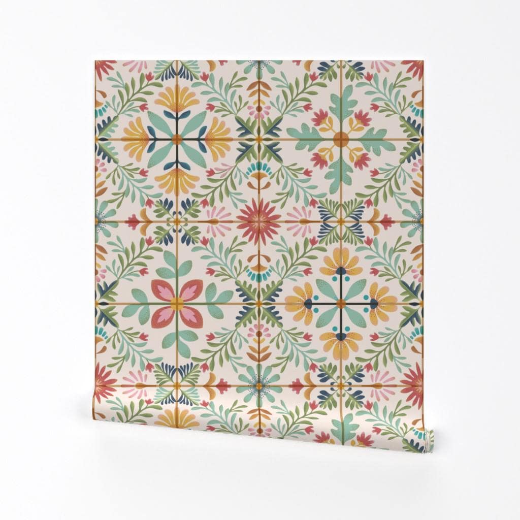 Botanical Tiles Removable Peel and Stick Wallpaper - Vintage Watercolor Colorful - Wall Art Wall Decor - Nostalgic Vintage Tile by garabateo
