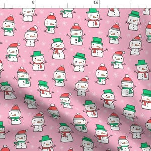 Snowman Fabric - Winter Christmas Snowman Snowflakes Red Green On Pink By Caja Design - Kids Cute Cotton Fabric By The Yard With Spoonflower