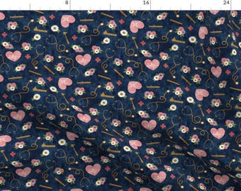 Syringe Heart Monitor Blue Pink Fabric - Floral Nurse Melody - Nursing - Syringe, Ekg, Stethoscope - Blue - Lad19 By Littlearrowdesign