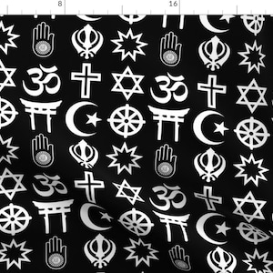 May include: A black and white pattern featuring various religious symbols, including a cross, a star of David, a crescent moon, a dharma wheel, a hand with an eye, an Om symbol, a torii gate, and a Sikh symbol.