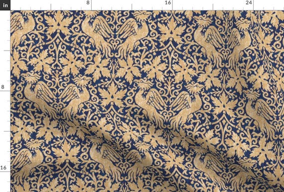 Victorian Fabric - Phoenix Damask 1a By Muhlenkott - Victorian Floral Damask Phoenix Gold Blue Cotton Fabric By The Yard With Spoonflower