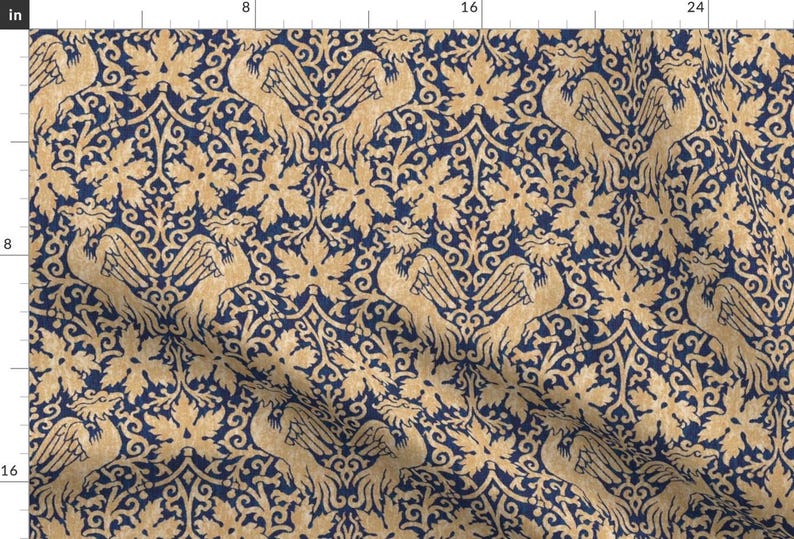 Victorian Fabric - Phoenix Damask 1a By Muhlenkott - Victorian Floral Damask Phoenix Gold Blue Cotton Fabric By The Yard With Spoonflower image 1