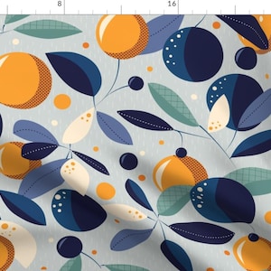 Blue Fabric - Oranges Under Moonlight by irisandclover -  Floral Oranges Citrus Garden Mid-century Tuscan Fabric by the Yard by Spoonflower