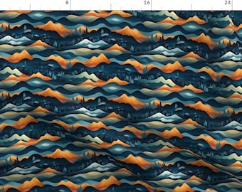 May include: Fabric with a repeating pattern of stylized mountain ranges in shades of navy blue, teal, orange, and tan. The design includes small tree silhouettes, creating a landscape theme.