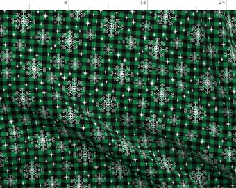 Buffalo Plaid Snowflake Fabric - Buffalo Plaid Snowflake Winter Green Fabric By Charlottewinter - Cotton Fabric By The Yard With Spoonflower