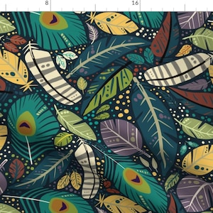 Peacock Feathers Illustration Fabric - Birds Of A Feather By Vicki Larner - Peacock Blue Tropical Cotton Fabric By The Yard With Spoonflower