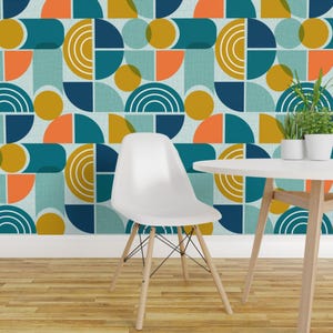 Geometric Wallpaper - Trailway By Heatherdutton - Modern Geometric Teal Green Orange Removable Self Adhesive Wallpaper Roll by Spoonflower