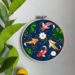 Fish Embroidery Template on Cotton - Koi Carps By kathy_lecocq - Asian Fish Embroidery Pattern for 6" Hoop Custom Printed by Spoonflower