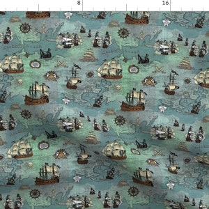 Pirate Fabric - Pirate Ships Map Blue Smallest Repeat By Teja Jamilla - Pirates Boy Nursery Cotton Fabric By The Yard With Spoonflower