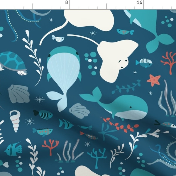 Ocean Animals Teal Fabric - Sea Creatures 004 By Bluelela - Cute Aqua Blue Teal Sea Life Nautical Cotton Fabric By The Yard With Spoonflower