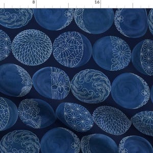 Moon Fabric - Sashiko Moon Phases By Honoluludesigns - Blue Navy Celestial Nighttime Geo Stars Cotton Fabric By The Yard With Spoonflower