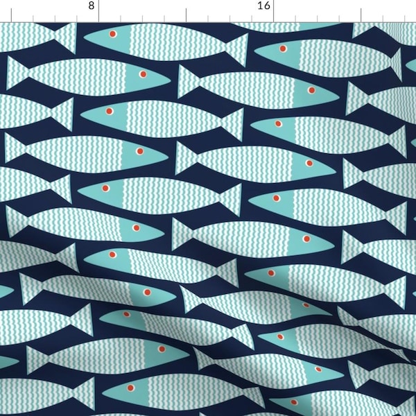 Modern Nautical Fabric - Wavy Bass - Indigo Turquoise By Jillbyers -Nautical Fish Navy Home Decor Cotton Fabric By The Yard With Spoonflower