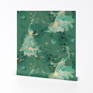 White Peacock Turquoise Wallpaper - White Peacock Seafoam By Lafleur - Custom Printed Removable Self Adhesive Wallpaper Roll by Spoonflower