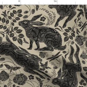 Block Print Bunnies Apparel Fabric - Rabbits by silver_steer_design - Linocut Woodblock Hares Woodland Leaves Clothing Fabric by Spoonflower