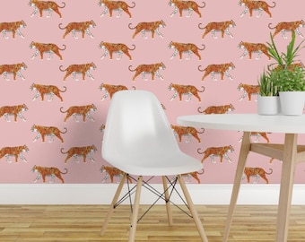 Tiger Wallpaper - Walking Tiger By Littlearrowdesign - Tiger Pink Custom Printed Removable Self Adhesive Wallpaper Roll by Spoonflower