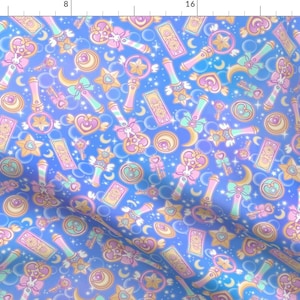 Kawaii Fabric - Magical Girl by nuk -  Magic Moon Crystal Wand Celestial Bubbles Anime Galaxy Stars Pink Fabric by the Yard by Spoonflower