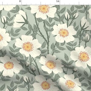 Wild Garden Fabric - White Wild Roses On Sage Green By Simut - Neutral Botanicals Spring Floral Cotton Fabric By The Yard With Spoonflower