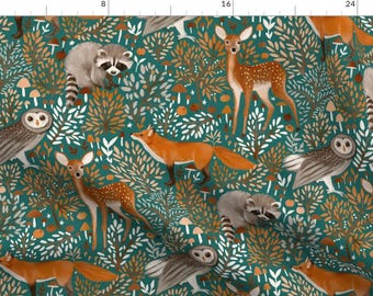 Woodland Animals Fabric – Forest Fox, Deer, Owl, Raccoon Print – Baby Nursery Textiles