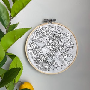 Bird Embroidery Template on Cotton - Berries & Birds By Florodoro - Outline Embroidery Pattern for 6" Hoop Custom Printed by Spoonflower