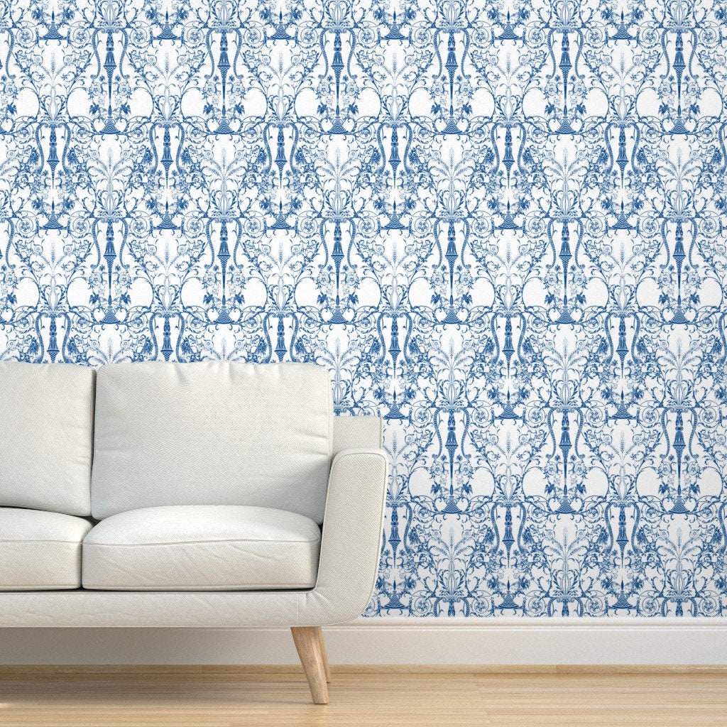 Damask Wallpaper Bedroom White Blue by Peacoquettedesigns | Etsy