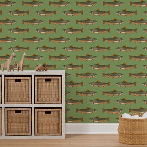 Fish Wallpaper Brook Trout by Weavingmajor Vintage Green - Etsy
