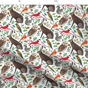 Winter Woodland Animals Fabric -Winter Animals By Zoe Ingram- Cardinal Rabbit Owl Squirrel Nature Cotton Fabric By The Yard With Spoonflower
