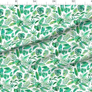 Tropical Fabric Emerald Tropical Leaf Scatter On White Large By Micklyn Tropical Green Cotton Fabric By The Yard With Spoonflower image 3