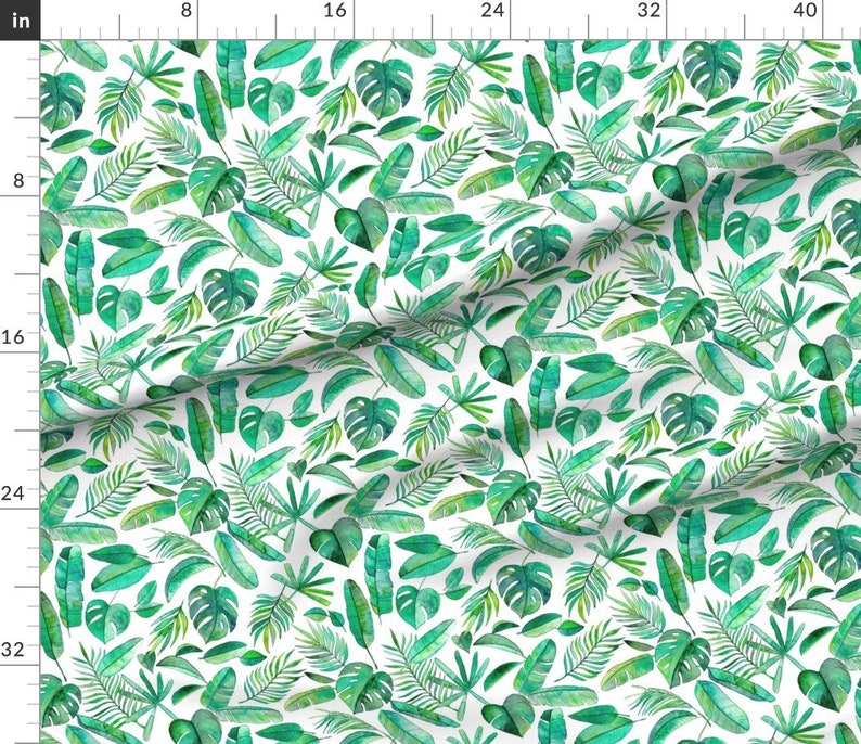 Tropical Fabric Emerald Tropical Leaf Scatter On White Large By Micklyn Tropical Green Cotton Fabric By The Yard With Spoonflower image 3